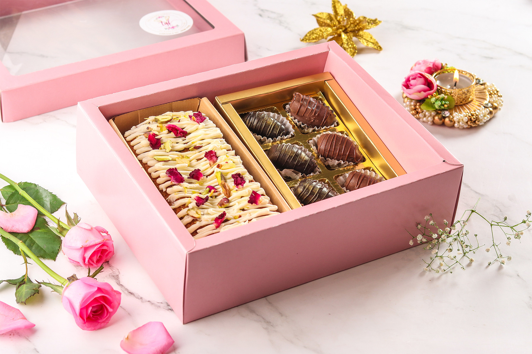 Fit Festive DIWALI Box (Rose pistachio loaf and 6 assorted chocolate Dates)